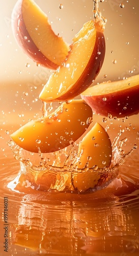 Fresh Peach Slices Splashing into Juice with Golden Droplets