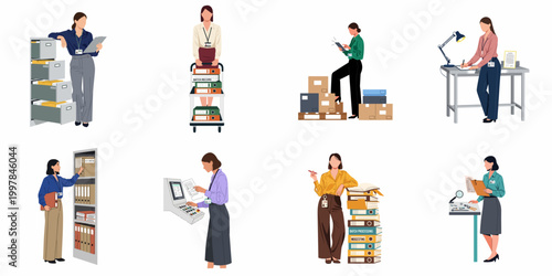 Flat vector illustration set of female office and warehouse workers managing documents, folders, files, and logistics operations in various professional business settings.