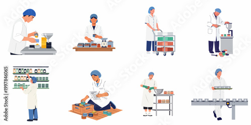 Flat illustration set of diverse factory workers packaging and processing food products in a clean industrial facility.
