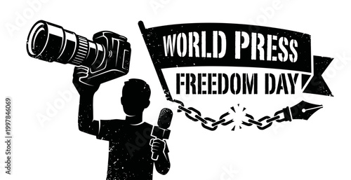 Silhouette vector illustration for World Press Freedom Day showing a journalist with camera and microphone breaking chains with a pen nib banner for free speech and media.