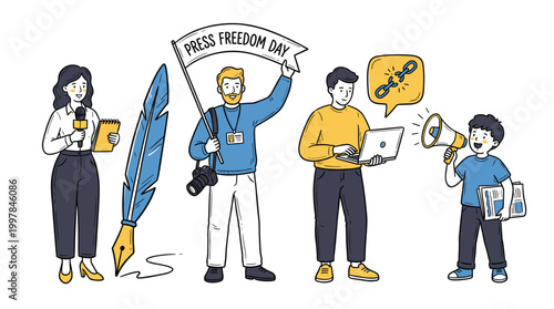 Press Freedom Day vector illustration with diverse media team including reporter, photographer, blogger with laptop, boy with megaphone, and a large quill pen for free speech.