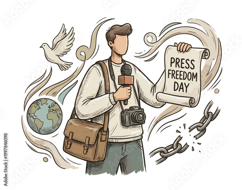 World Press Freedom Day vector illustration featuring a journalist reporter holding microphone and camera, with flying dove, globe, and broken chains symbol for media liberty.