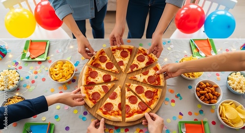 Group of Friends Sharing Pepperoni Pizza at a Birthday Party Table