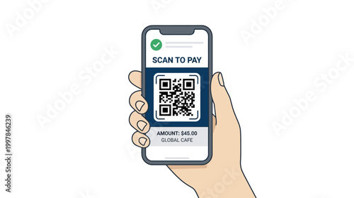 Hand holding smartphone with QR code.