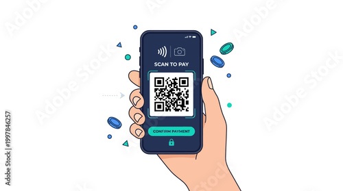 Hand holding smartphone with QR code.