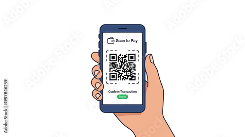Hand holding smartphone with QR code.