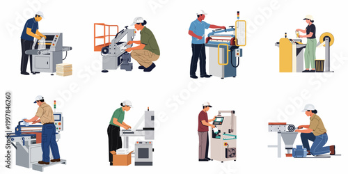 Set of factory workers operating industrial machinery and equipment, flat vector illustrations isolated on white background for manufacturing and production concepts.