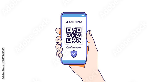 Hand holding smartphone with QR code.