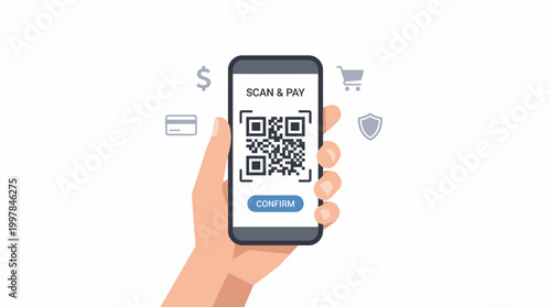 Hand holding smartphone with QR code.