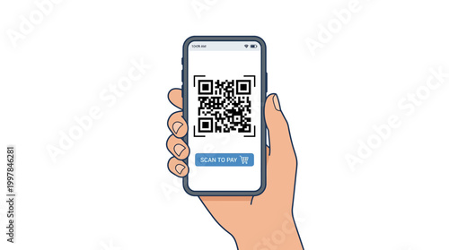 Hand holding smartphone with QR code.