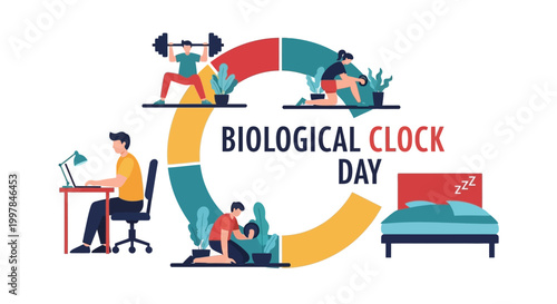 Conceptual illustration depicting Biological Clock Day with a body clock concept represented by people exercising, working, and sleeping, set against a clean white background in a modern