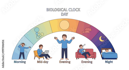 A vibrant illustration presents the human biorhythm concept with a daily routine cycle, showcasing a person's activities from morning to night against a clean white background, emphasizing