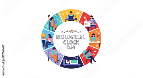 A vibrant vector illustration representing the biological clock day, showcases people engaged in various daily activities aligned with a 24-hour circadian rhythm against a clean white