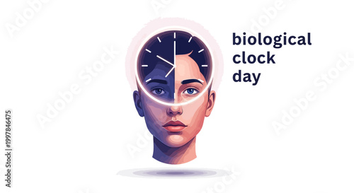 Conceptual vector art for biological clock day features a stylized portrait of a woman's face bisected by a clock, symbolizing the circadian rhythm and the human body's internal clock