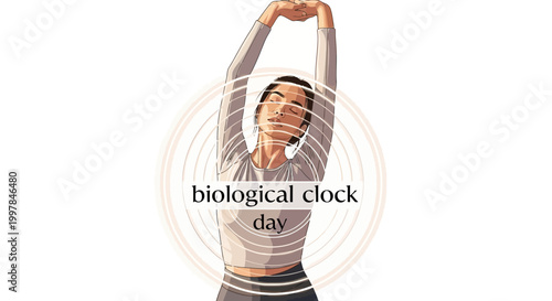 An illustration shows a woman stretching, symbolizing biological clock day with concentric circles, emphasizing circadian rhythm and health, set against a clean, white background