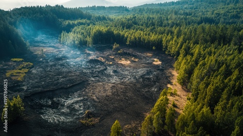 Aerial view of volcanic landscape, smoke, forest