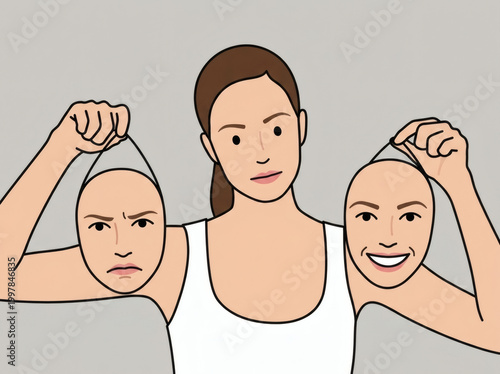 A woman with a neutral expression holds two masks: one showing an angry face and one showing a happy smile.