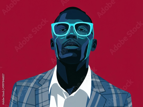 A stylish man with glowing cyan glasses wears a plaid blazer against a solid, vibrant red background.