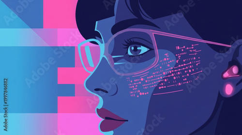 A woman in profile wears glasses with digital data overlays and earbuds in a synthwave color palette.