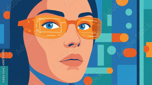 A woman with blue eyes wears futuristic orange smart glasses against a geometric, colorful background.