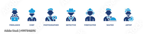 All-in-One Professions Icons set vector illustration blue with FREELANCE , CHEF, PHOTOGRAPHER, DETECTIVE, FIREFIGHTER, WAITER, ARTIST