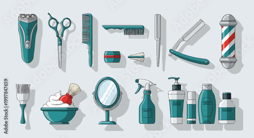 Photos Various barber tools and cosmetics on a gray background
