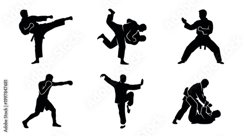 Martial arts techniques demonstration dojo illustration studio side view action-packed combat movements