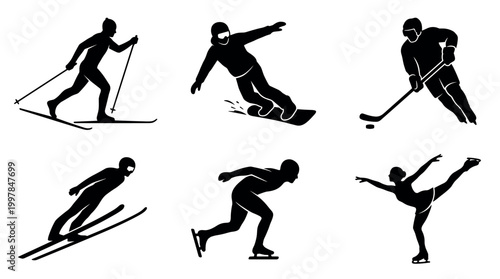 Winter sports action skiing snowboarding hockey and ice skating in a snowy outdoor environment