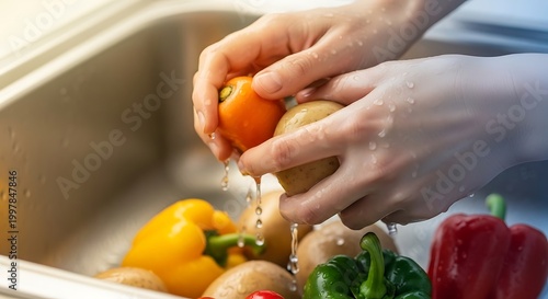 Hands washing fresh vegetables in a kitchen sink for healthy meal preparation