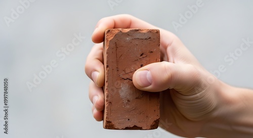 Human Hand Firmly Holding a Single Red Clay Brick