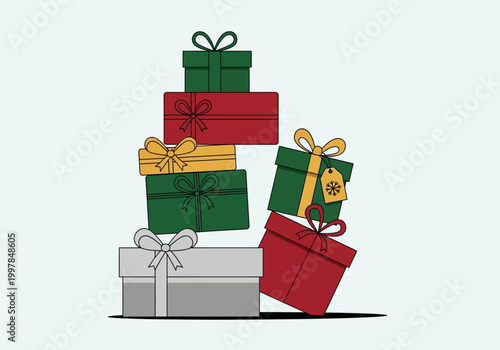 Stack of elegantly wrapped gift boxes in festive holiday colors, symbolizing celebration and generosity