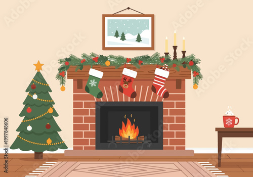 Cozy Christmas fireplace scene with stockings, a decorated tree, and warm candle light, perfect for holiday greetings