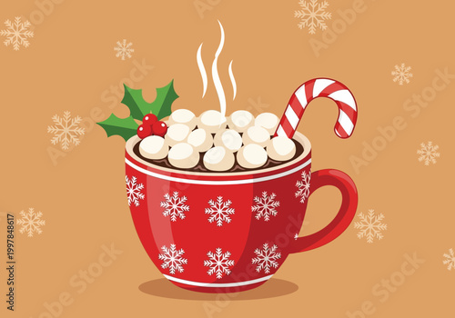 Festive holiday mug filled with hot chocolate marshmallows and a candy cane, surrounded by snowflakes