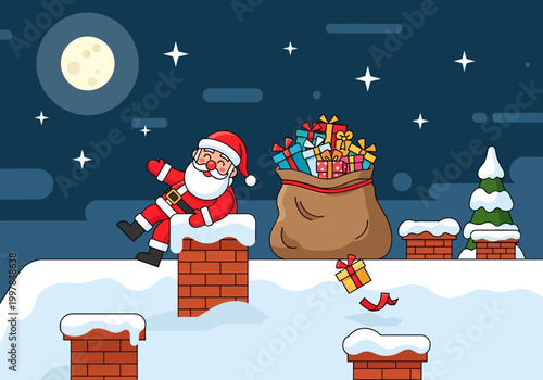 Santa Claus slides down a chimney on a snowy rooftop with a sack full of gifts, ready for Christmas Eve