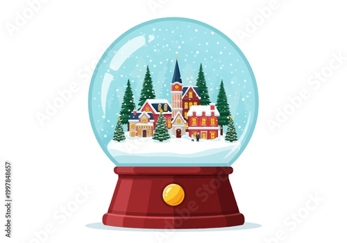 Festive Christmas village scene encased in a snow globe with falling snowflakes and evergreen trees