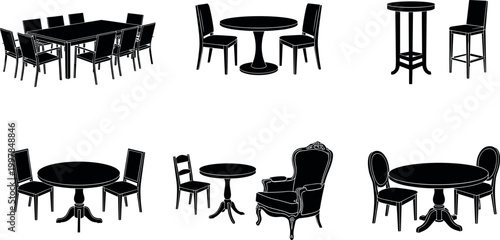 Dining table and chair silhouettes collection with various furniture styles, restaurant and home interior vector illustration set