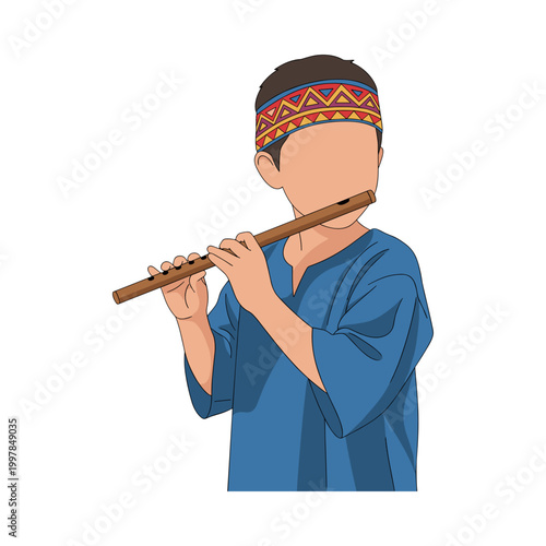 Boy in Traditional Clothing Playing Bamboo Flute
