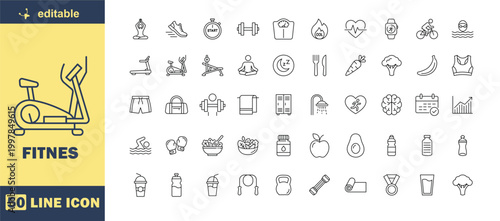 A collection of line icons related to fitness and exercise on a white background