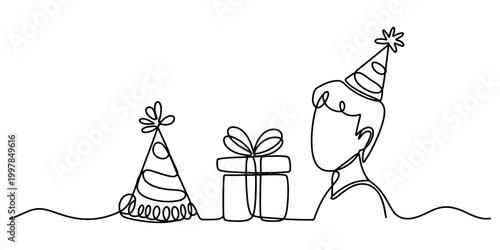 Continuous line drawing of a boy with a gift and party hat