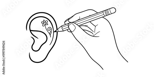 Hand drawing a flower tattoo on an ear with a pencil