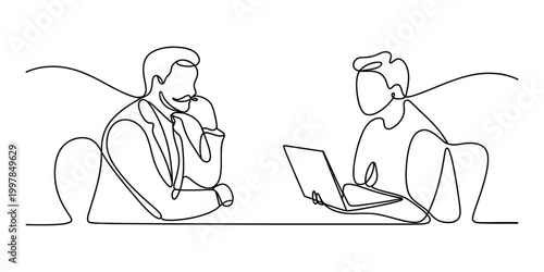 Business people talking and working on a laptop line art