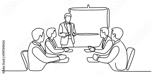 Continuous line drawing of business meeting with presentation
