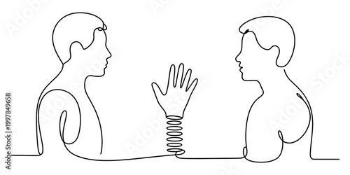 Two people talking with a spring hand between them