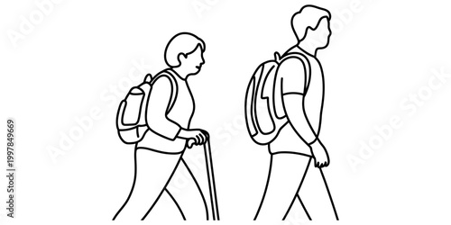 Man and woman with backpacks walking together line drawing