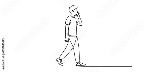 Man walking and talking on a smartphone line art drawing