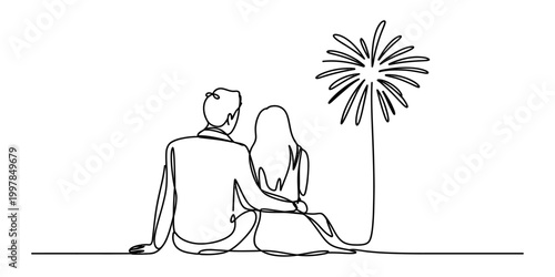 Couple watching fireworks continuous one line drawing