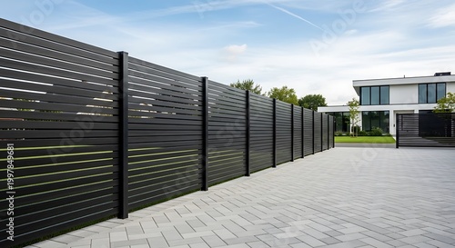 Modern Black Horizontal Slatted Privacy Fence for Luxury Contemporary House