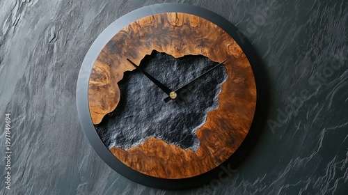 Decorative Wooden Wall Clock on Dark Stone Background