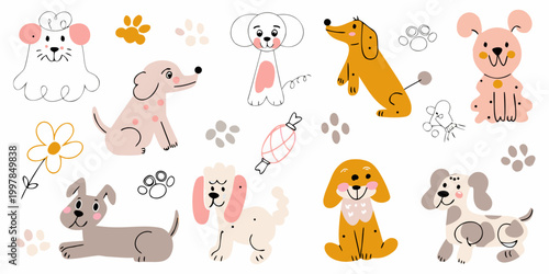 Cute dog collection hand drawn vector illustration with paw prints