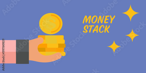 Hand holding stack of money flat vector illustration with sparkles